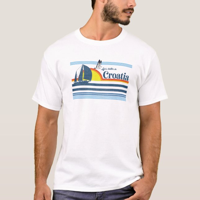 Kroatien - Beach Retro 70S 80S Sailing Boat Sunset T Shirt (Framsida)