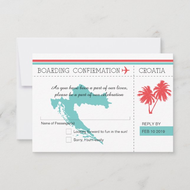 Kroatien Boarding Pass RSVP Teal och Korall OSA Kort (Framsida)