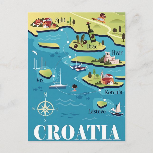 Kroatien Illustrated Karta Vykort (Framsida)