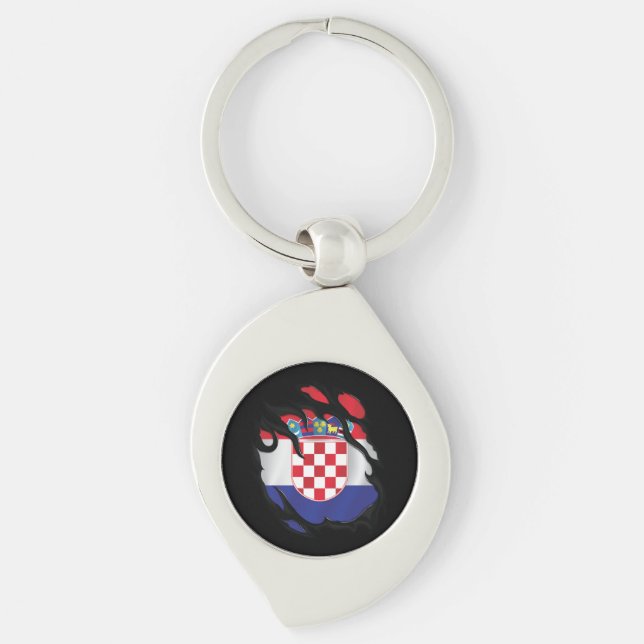 Kroatien Rippat Flagga Swirl Silverfärgad Nyckelring (Framsidan)
