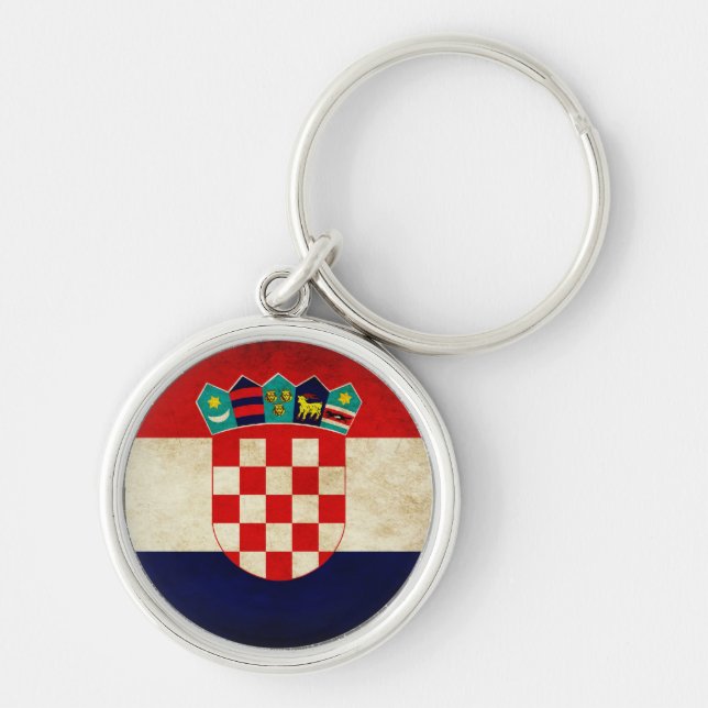 Kroatienflagga Rund Silverfärgad Nyckelring (Framsidan)