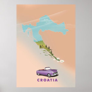 Kroatiens Karta Illustrerade utskrifter poster. Poster