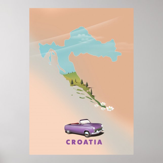 Kroatiens Karta Illustrerade utskrifter poster. Poster (Framsidan)
