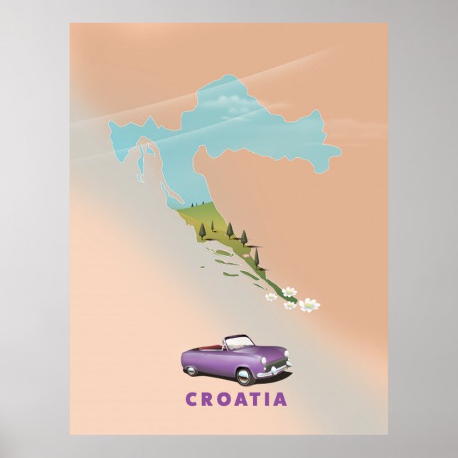 Kroatiens Karta Illustrerade utskrifter poster. Poster (Framsidan)