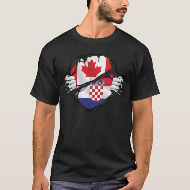 Kroatiska kanadensiska Händer rippade Roots Flagga T Shirt (Framsida)