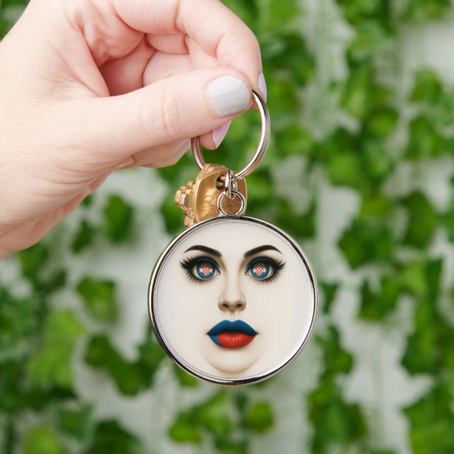 Kroatiska Ögon & Läppar Pop Porträtt Rund Silverfärgad Nyckelring (Hand)
