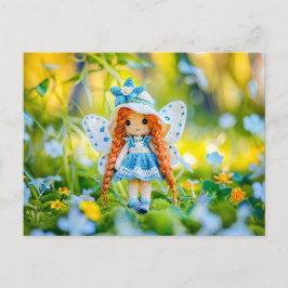 Krockad docka med hatt och Blåa blommor Helg Vykort