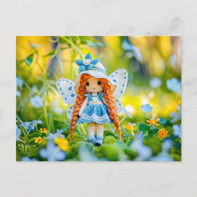 Krockad docka med hatt och Blåa blommor Helg Vykort (Framsida)