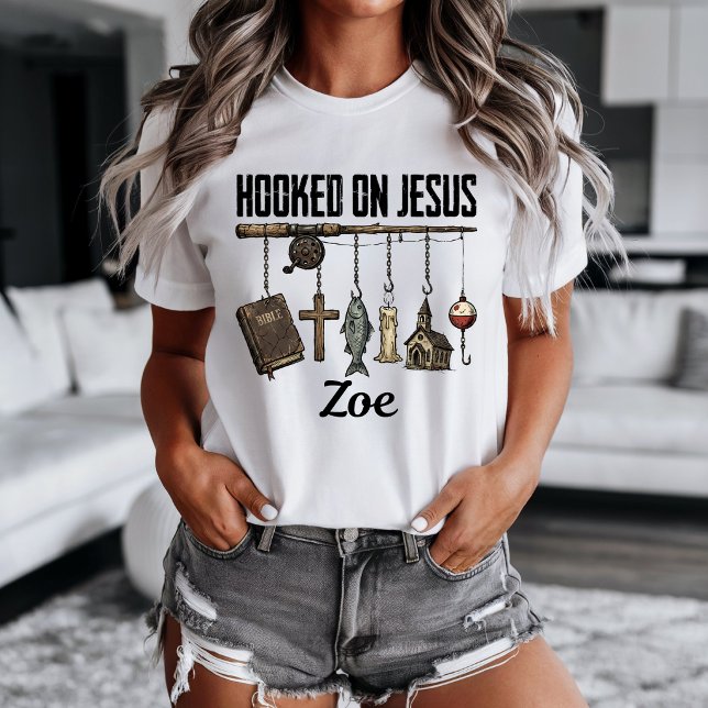 Krokad på Jesus Personlig T-shirt (Hooked on Jesus t-shirt. )
