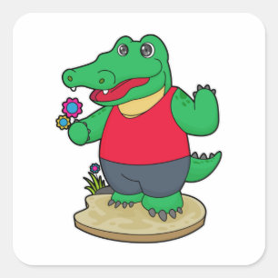 Krokodil med blommor fyrkantigt klistermärke
