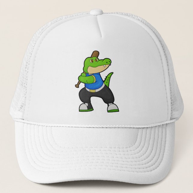 Krokodil på baseboll med basebollträ keps (Framsida)
