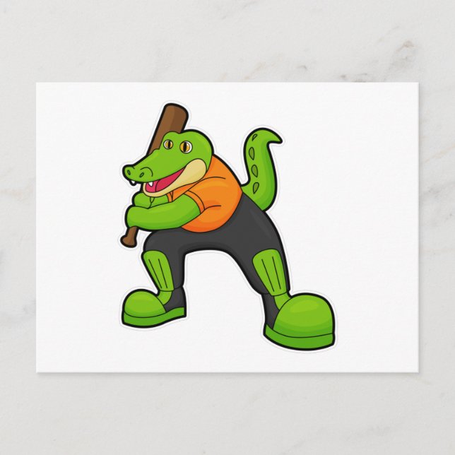 Krokodil på cricket med cricketträ vykort (Framsida)