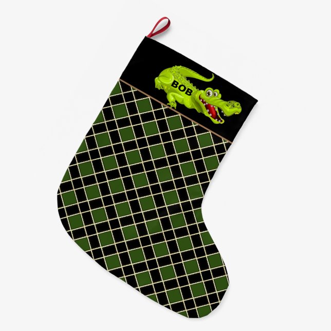 Krokodil på svart och grön diamantmönster stor julstrumpa (Framsidan (Hängande))