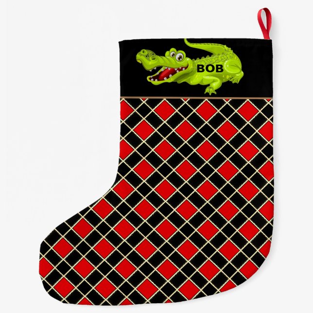 Krokodil på svart och rött diamantmönster stor julstrumpa (Baksidan)