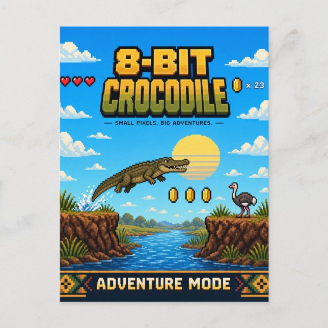 Krokodil, Retro 8-Bit Pixelkonst Vykort (Framsida)