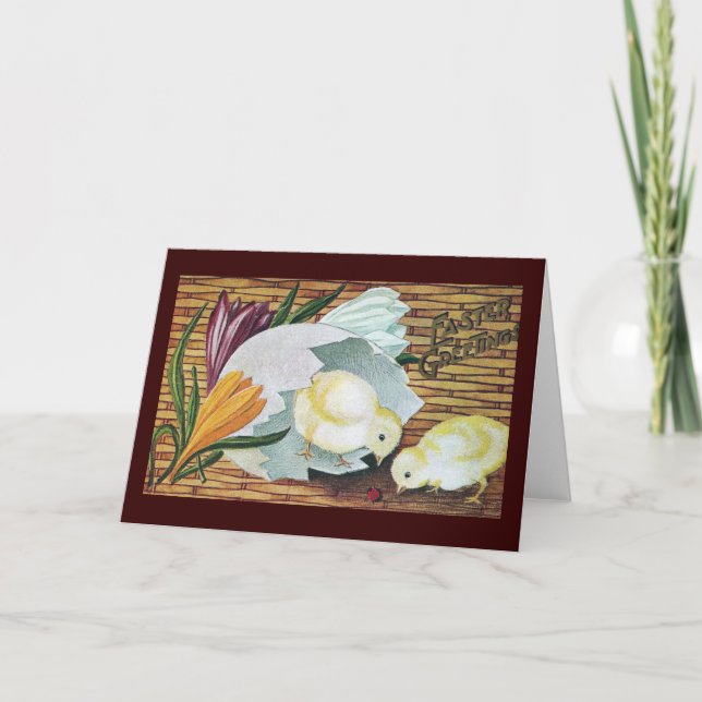 Krokusar, chickar och nyckelpigavintagepåsk helgkort (Framsida)