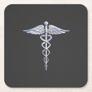 Krom Caduceus Medical Symbol Black Carbon Fiber Underlägg Papper Kvadrat
