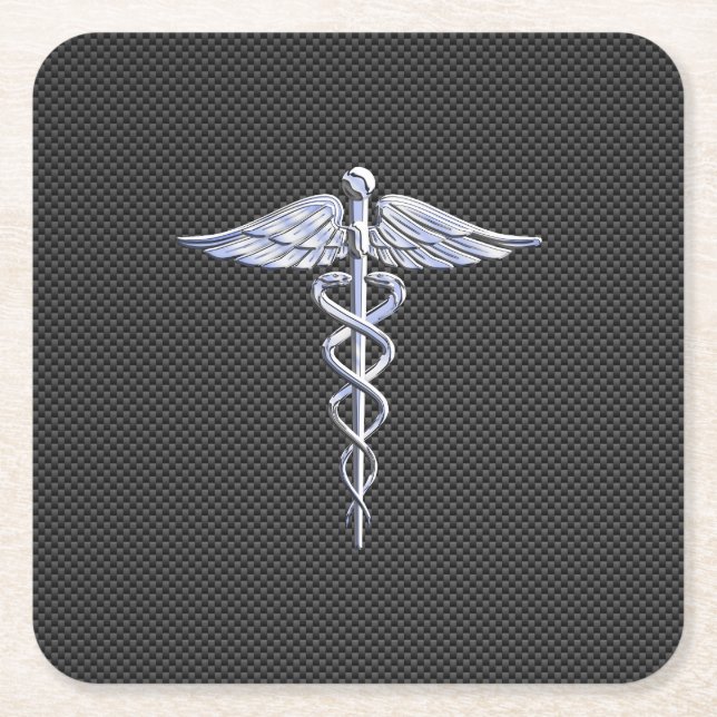 Krom Caduceus Medical Symbol Black Carbon Fiber Underlägg Papper Kvadrat (Framsidan)