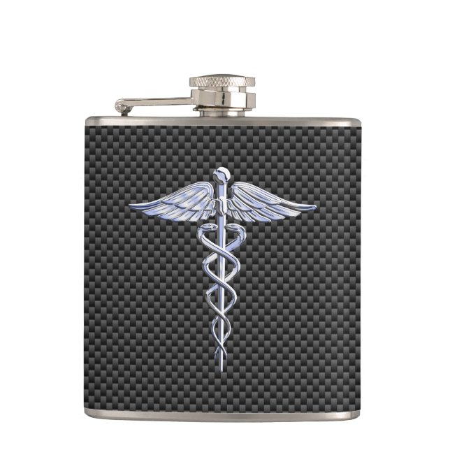 Krom Kaduceus Medicinsk Symbol Svart Kolfiber Fickplunta (Framsidan)