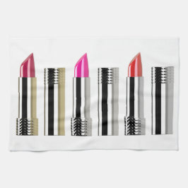 Krom rosa av rött kosmetologi i lipstick kökshandduk