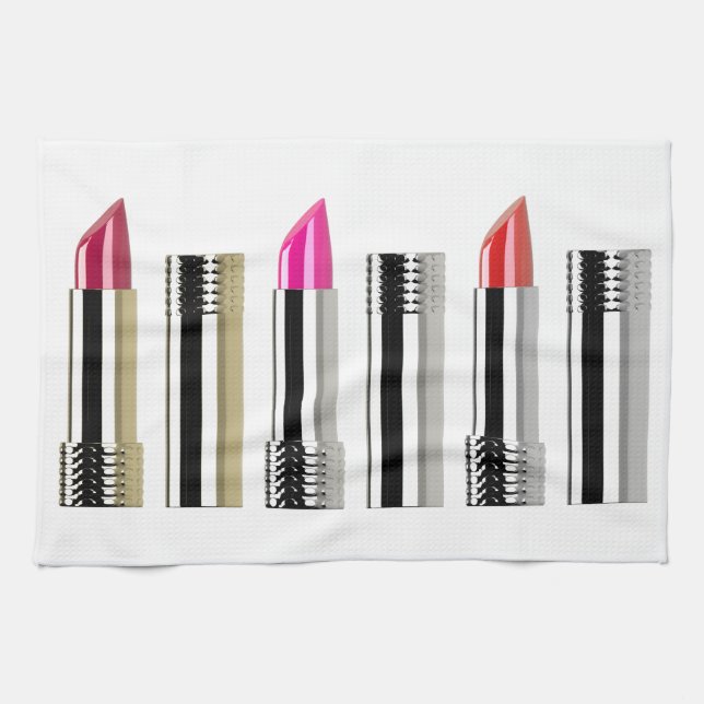 Krom rosa av rött kosmetologi i lipstick kökshandduk (Horisontell)