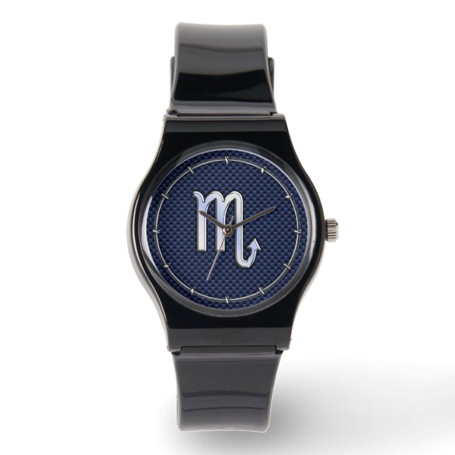 Krom Scorpio Zodiak-tecken på blå kolfiber Armbandsur (Framsida)