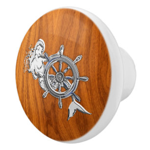 Krom Sjöjungfru på Nautical Teak Wood Grain Print Knopp