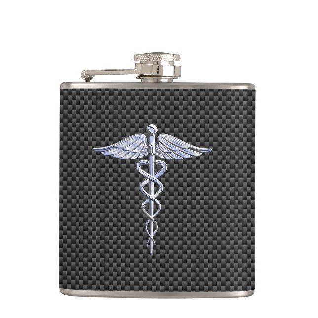 Krom som Caduceus Medical Symbol Carbon Fiber Fickplunta (Framsidan)