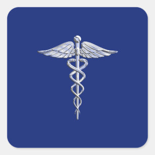 Krom som Caduceus Medical Symbol Navy Blue Deco Fyrkantigt Klistermärke