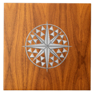 Krom som Nautical Compass Star på Teak Veneer Kakelplatta
