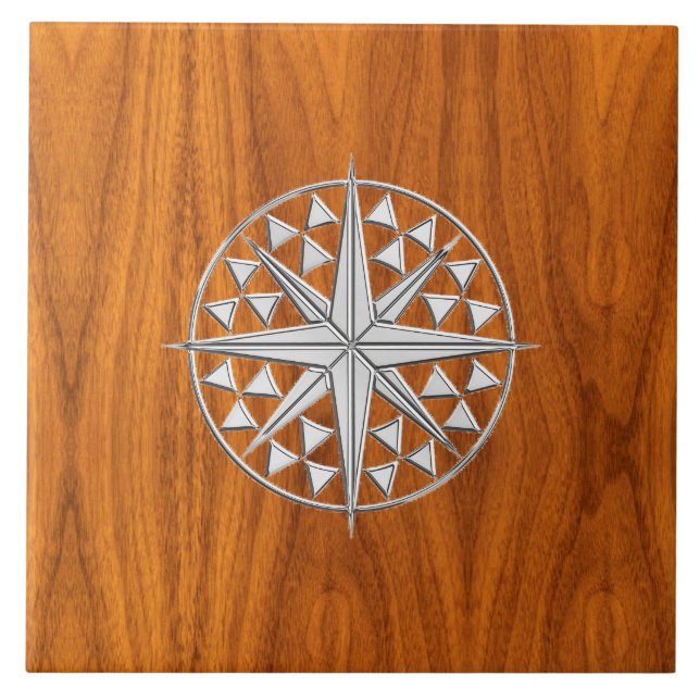 Krom som Nautical Compass Star på Teak Veneer Kakelplatta (Framsidan)