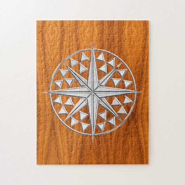 Krom som Nautical Compass Star på Teak Veneer Pussel (Vertikal)