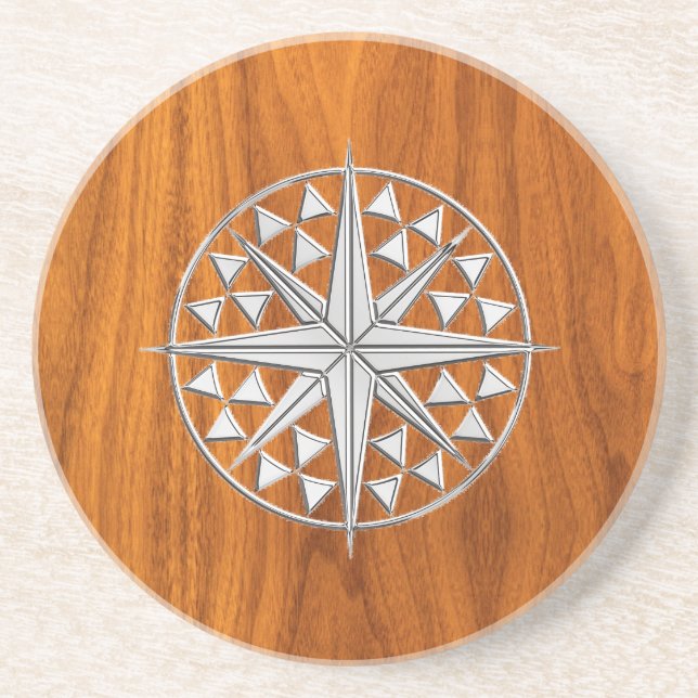 Krom som Nautical Compass Star på Teak Veneer Underlägg Sandsten (Framsidan)