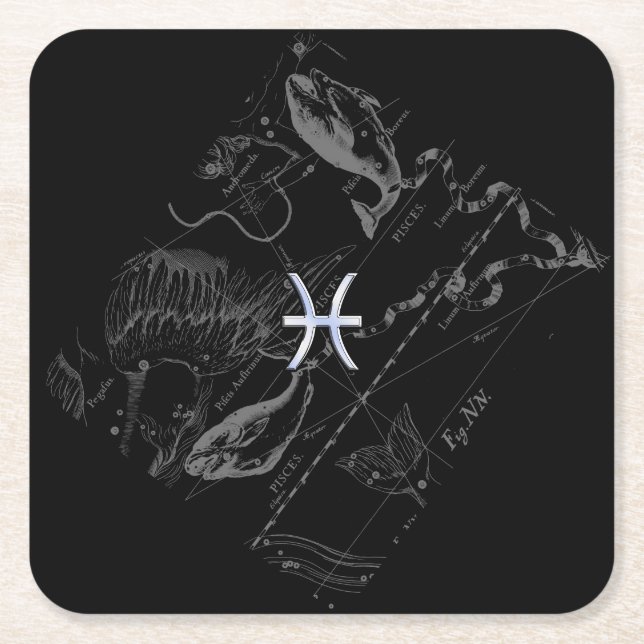 Krom som Pisces Zodiac Sign på Black Hevelius Underlägg Papper Kvadrat (Framsidan)