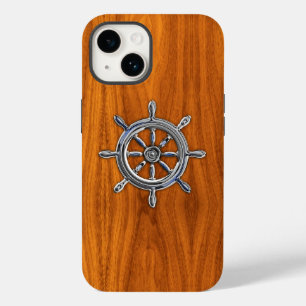 Kromt nautiskt hjul på Teak Wood Print