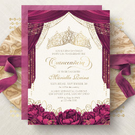 Krona Blommigt Burgundy Modern Quinceanera Inbjudningar