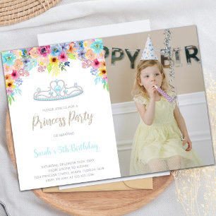 Krona Blommigt Princess Birthday Bjud med foto Inbjudningar