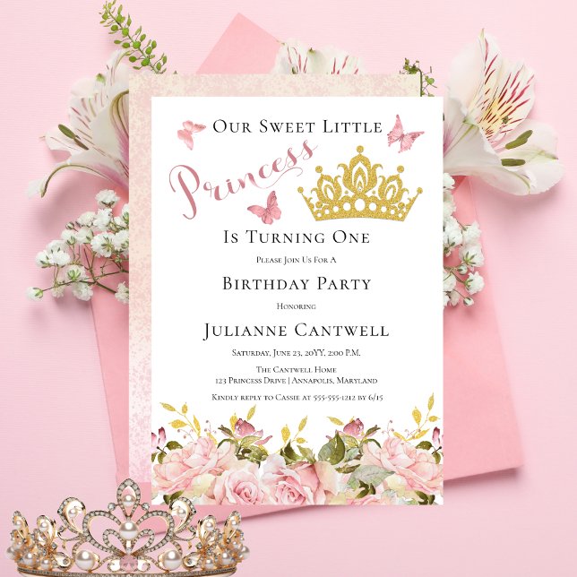 Krona | Butterflies Blommigt Princess 1:a födelsed Inbjudningar ("Princess" Pink Rose Floral | Butterflies | Gold Crown Girl's 1st Birthday Party Invitation)