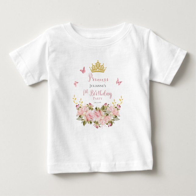 Krona | Butterflies Blommigt Princess 1:a födelsed T Shirt (Framsida)