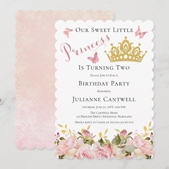 Krona | Butterflies Blommigt Princess 2:a födelsed Inbjudningar (Fram/baksida)