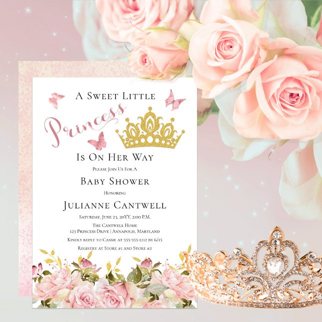 Krona | Butterflies Blommigt Princess Baby Shower Inbjudningar (Faux Gold Glitter Crown and Pink Butterflies Roses Floral Princess Baby Shower Invitation)