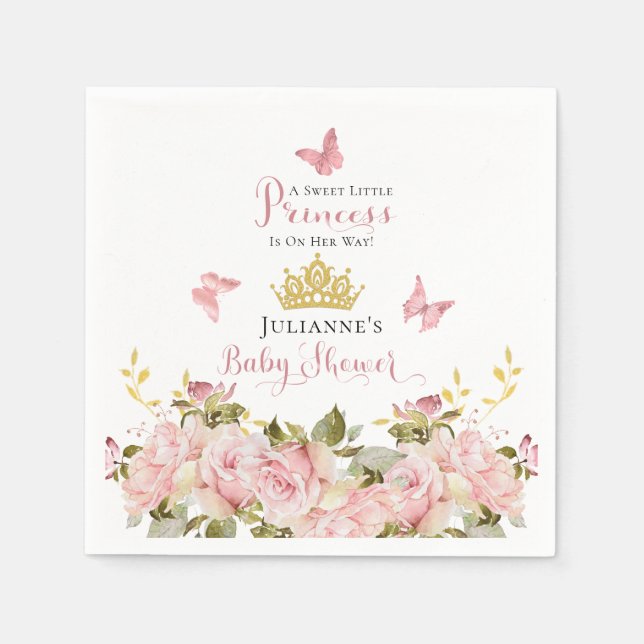 Krona | Butterflies Blommigt Princess Baby Shower Pappersservett (Framsidan)