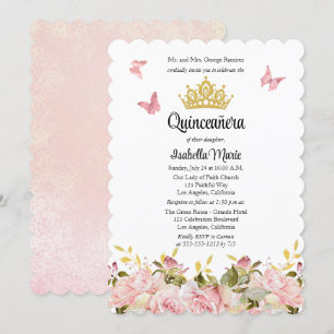 Krona   Butterflies Rosa ros Blommigt Quinceañera Inbjudningar
