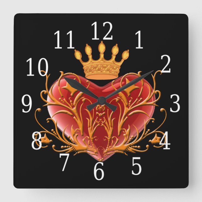 Krona Filigree Heart Square Clock Fyrkantig Klocka (Framsida)