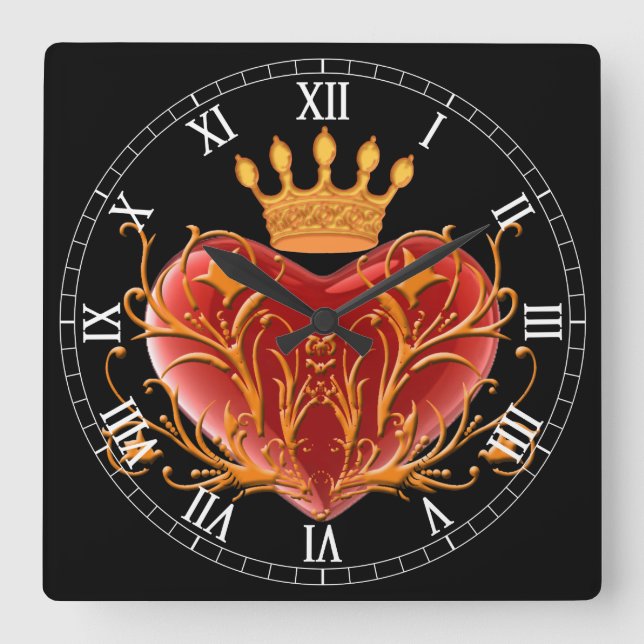 Krona Filigree Heart Square Roman Numerals Clock Fyrkantig Klocka (Framsida)