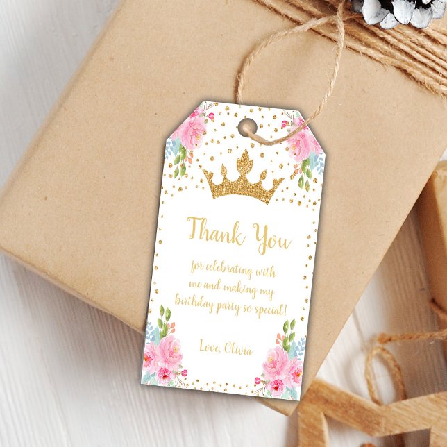 Krona Glitter Blommigt Princess Birthday Gift Märk Presentetikett (Crown Glitter Floral Princess Birthday Gift Tags)