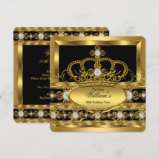 Krona Kung Prince Queen Royal Guld Diamond Party Inbjudningar (Fram/baksida)