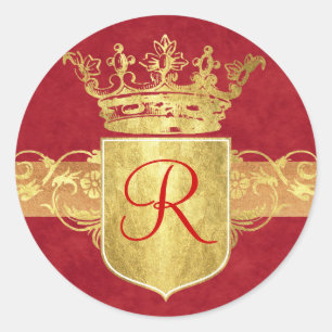 Krona Monogram i Guld Tones Runt Klistermärke