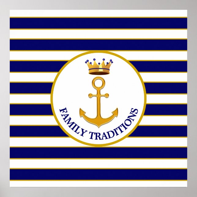 Krona och gyllene ankare på blå och vit poster (Framsidan)