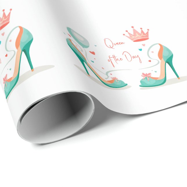 Krona och höga klackar – Glamoröst Rosa & Mint Tem Presentpapper (Rullad Hörn)